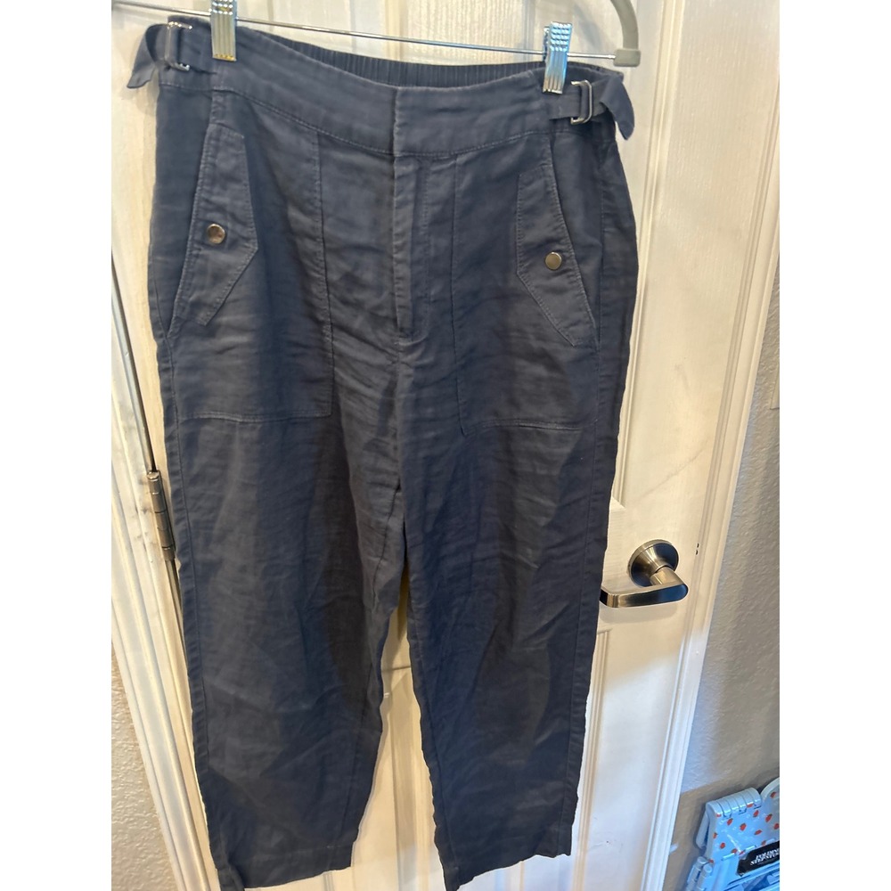 Athleta Linen Utility Pants Navy Blue High Rise‎ Buckle Waist Casual Trousers 4